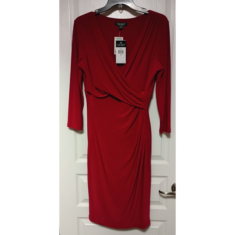 Lauren Ralph Lauren Womens Sz 12 Red Faux Wrap Ruched Midi Dress 3/4 Sleeve NWT